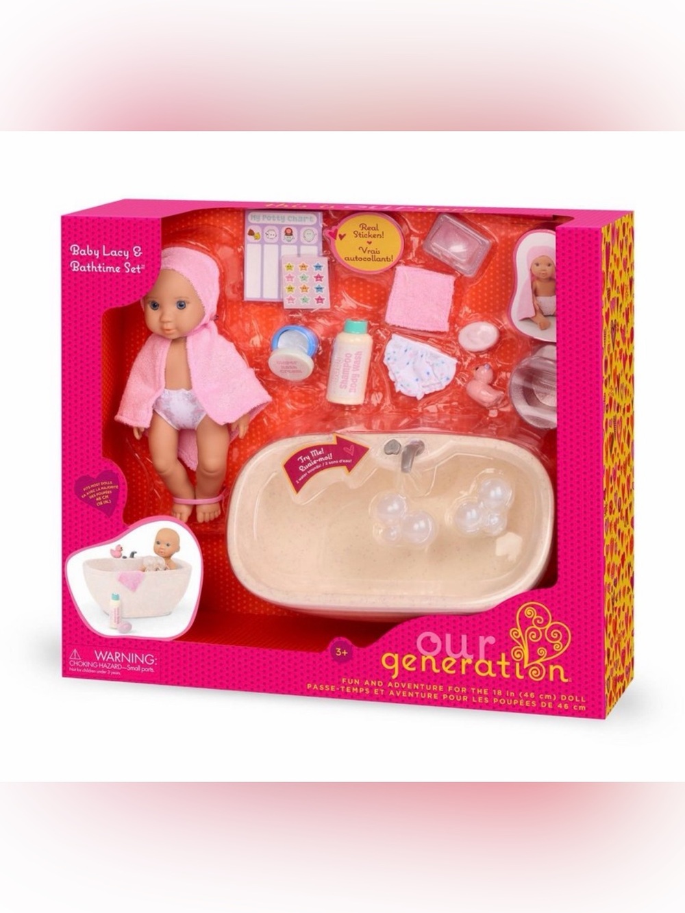 Our Generation Baby Doll Lacy Bathtime Set 8” Doll w/ Tub Bath Accessories NEW